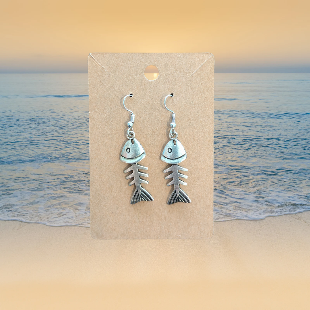 Chunky Fish Skeleton Dangle Earrings (Silver) - 2 inch