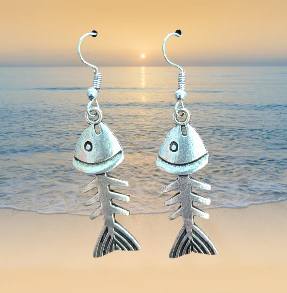 Chunky Fish Skeleton Dangle Earrings (Silver) - 2 inch