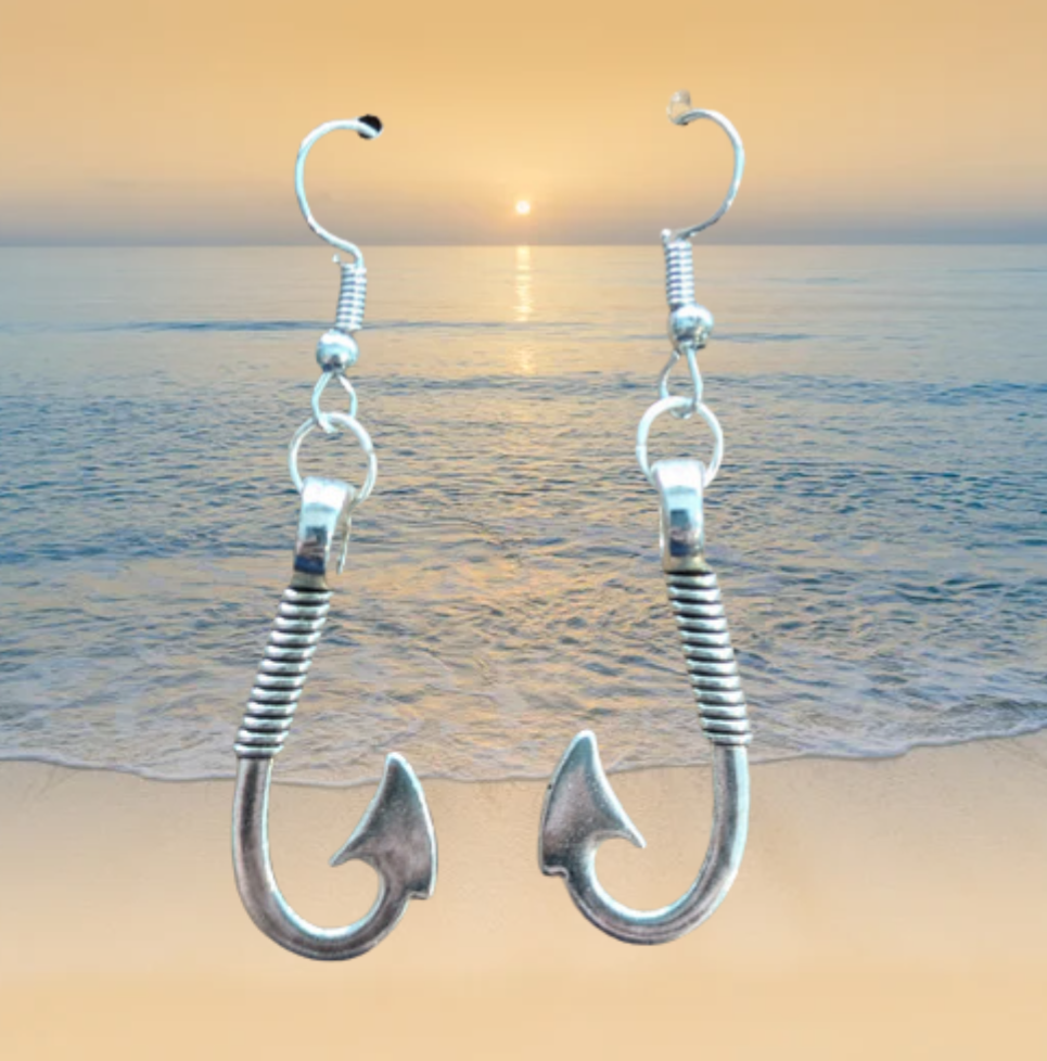 Fish Hook Dangle Earrings (Silver or Bronze) - 2 inch