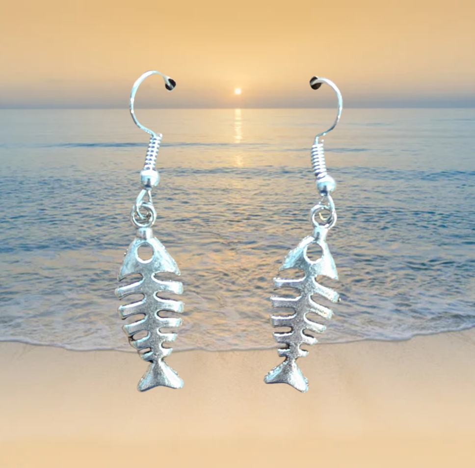 Flat Flounder Skeleton Dangle Earrings (Silver) - 1 1/2 Inch