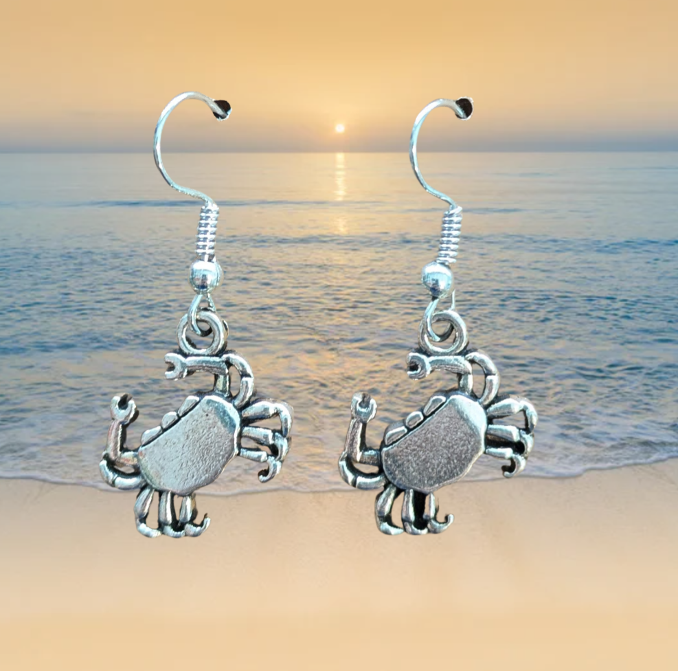 Crab Dangle Earrings (Silver) 1 1/2 Inch