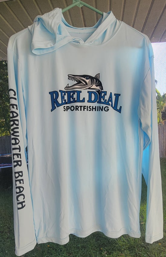 Reel Deal Hooded Performance Dryfit Shirt Light Blue