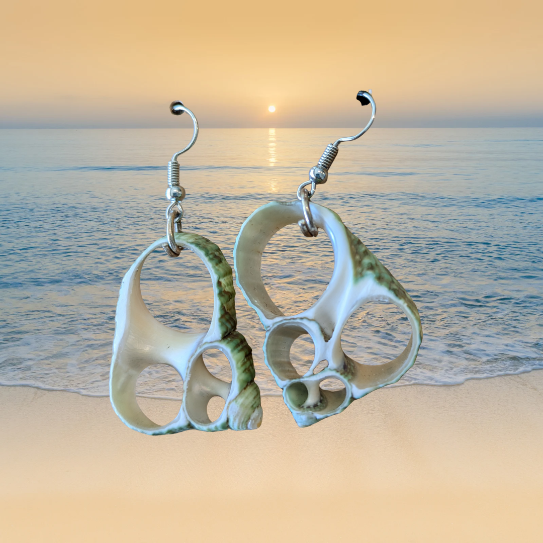 Green & White Sliced Sea Shell Dangle Earrings
