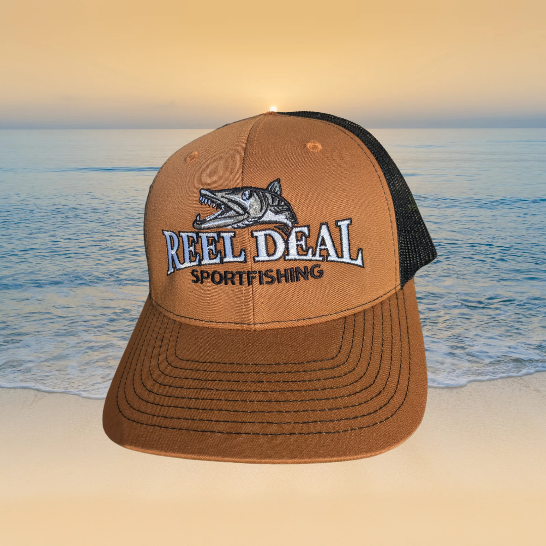 Reel Deal Snapback Hat (Carmel frontBlack mesh)