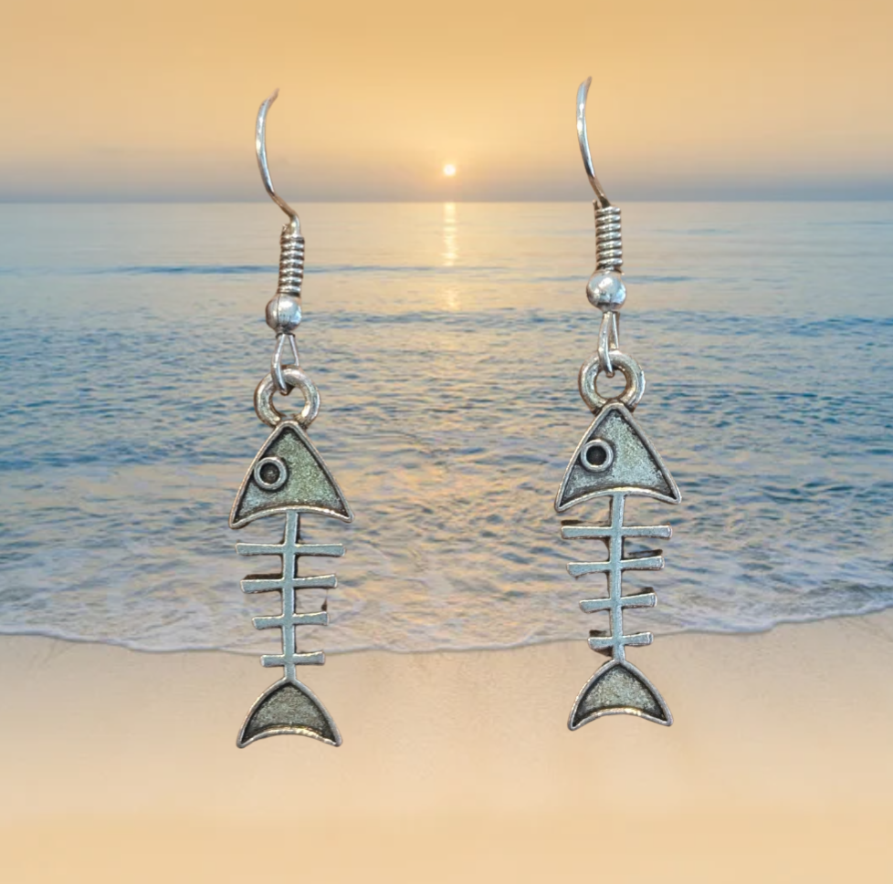 Aztec-Style Fish Skeleton Dangle Earrings (Silver) - 1 12 Inch