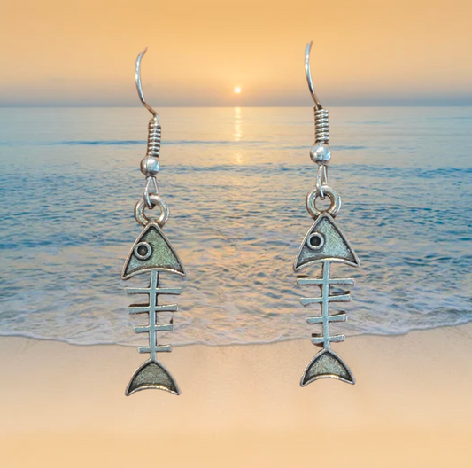 Aztec-Style Fish Skeleton Dangle Earrings (Silver) - 1 12 Inch