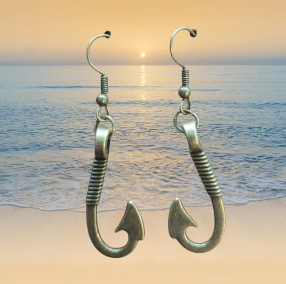 Fish Hook Dangle Earrings (Silver or Bronze) - 2 inch