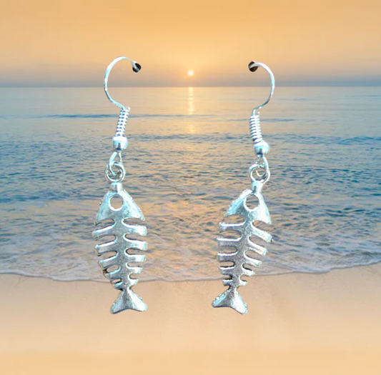Flat Flounder Skeleton Dangle Earrings (Silver) - 1 12 Inch