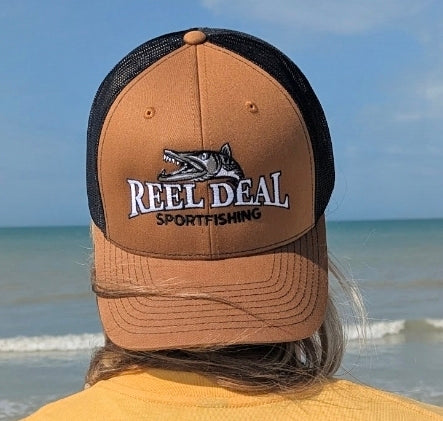 Reel Deal Snapback Hat (Carmel frontBlack mesh)