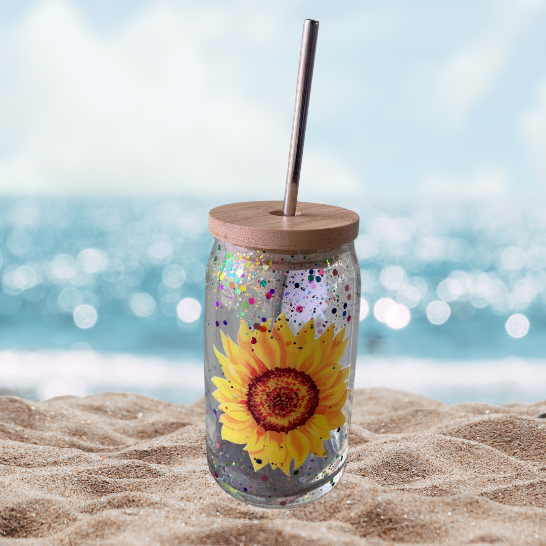 18oz Glass Tumbler w Sunflower