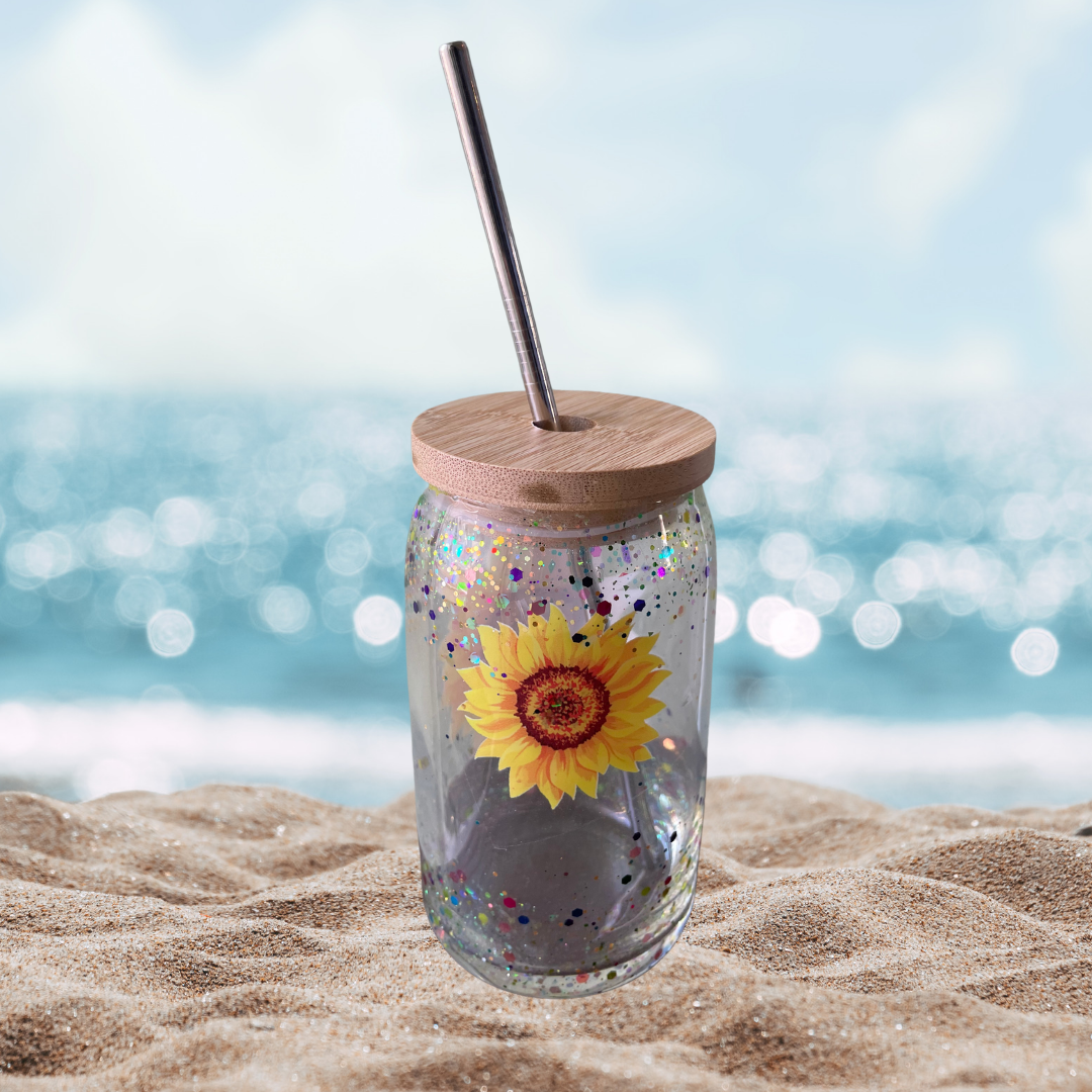 18oz Glass Tumbler w Sunflower