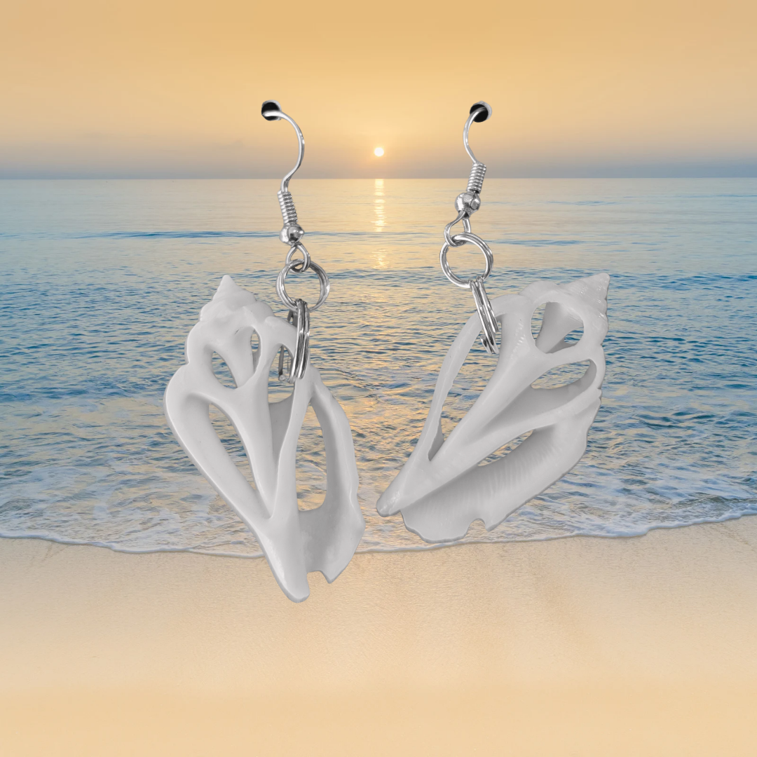 White Sliced Sea Shell Dangle Earrings 2 inch