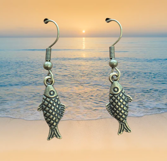 Rainbow Fish Dangle Earrings (Silver or Bronze) - 1 1/2 inch